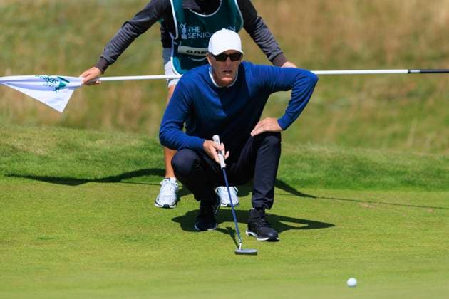 28th July 2024; Carnoustie Golf Links, Carnoustie, Angus, Scotland, Senior Open Championship, Round 4; Richard Green lines up a putt on the first green of the Championship Links, Carnoustie during the final round of The Senior Open presented by Rolex  ActionPlus12673503 DavidxYoung