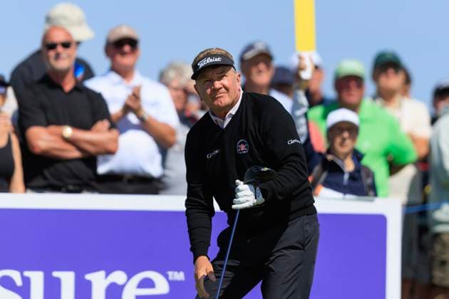 28th July 2024; Carnoustie Golf Links, Carnoustie, Angus, Scotland, Senior Open Championship, Round 4; Paul Broadhurst watches the result of his tee shot on the first hole of the Championship Links, Carnoustie during the final round of The Senior Open presented by Rolex  ActionPlus12673515 DavidxYoung