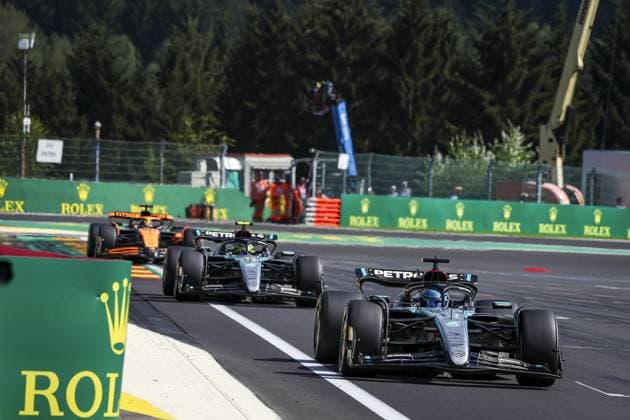 63 RUSSELL George (gbr), Mercedes AMG F1 Team W15, 44 HAMILTON Lewis (gbr), Mercedes AMG F1 Team W15, action during the Formula 1 Rolex Belgian Grand Prix 2024, 14th round of the 2024 Formula One World Championship, WM, Weltmeisterschaft from July 26 to 28, 2024 on the Circuit de Spa-Francorchamps, in Stavelot, Belgium - F1 - BELGIAN GRAND PRIX 2024 DPPI Panoramic 240728_R14_BELGIO_DP_FG006603