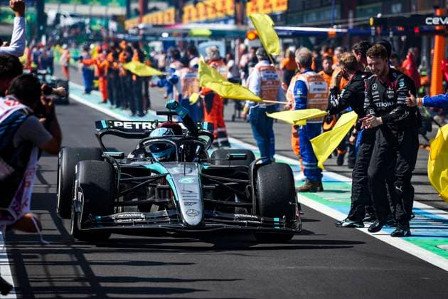 RUSSELL George (gbr), Mercedes AMG F1 Team W15, portrait, celebrate his win during the Formula 1 Rolex Belgian Grand Prix 2024, 14th round of the 2024 Formula One World Championship, WM, Weltmeisterschaft from July 26 to 28, 2024 on the Circuit de Spa-Francorchamps, in Stavelot, Belgium - F1 - BELGIAN GRAND PRIX 2024 DPPI Panoramic  240728_R14_BELGIO_DP_FG006633