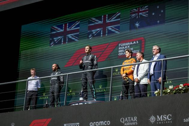 RUSSELL George (gbr), Mercedes AMG F1 Team W15, HAMILTON Lewis (gbr), Mercedes AMG F1 Team W15, PIASTRI Oscar (aus), McLaren F1 Team MCL38, portrait, podium during the Formula 1 Rolex Belgian Grand Prix 2024, 14th round of the 2024 Formula One World Championship, WM, Weltmeisterschaft from July 26 to 28, 2024 on the Circuit de Spa-Francorchamps, in Stavelot, Belgium - F1 - BELGIAN GRAND PRIX 2024 DPPI Panoramic 240728_R14_BELGIO_DP_FG006917