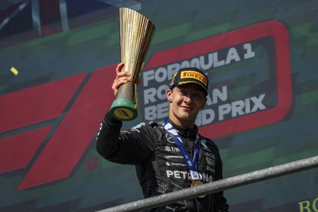 RUSSELL George (gbr), Mercedes AMG F1 Team W15, portrait, podium during the Formula 1 Rolex Belgian Grand Prix 2024, 14th round of the 2024 Formula One World Championship, WM, Weltmeisterschaft from July 26 to 28, 2024 on the Circuit de Spa-Francorchamps, in Stavelot, Belgium - F1 - BELGIAN GRAND PRIX 2024 DPPI Panoramic  240728_R14_BELGIO_DP_FG007165