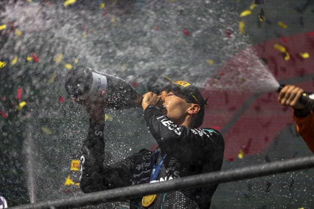 RUSSELL George (gbr), Mercedes AMG F1 Team W15, portrait, podium during the Formula 1 Rolex Belgian Grand Prix 2024, 14th round of the 2024 Formula One World Championship, WM, Weltmeisterschaft from July 26 to 28, 2024 on the Circuit de Spa-Francorchamps, in Stavelot, Belgium - F1 - BELGIAN GRAND PRIX 2024 DPPI Panoramic  240728_R14_BELGIO_DP_JFR63101