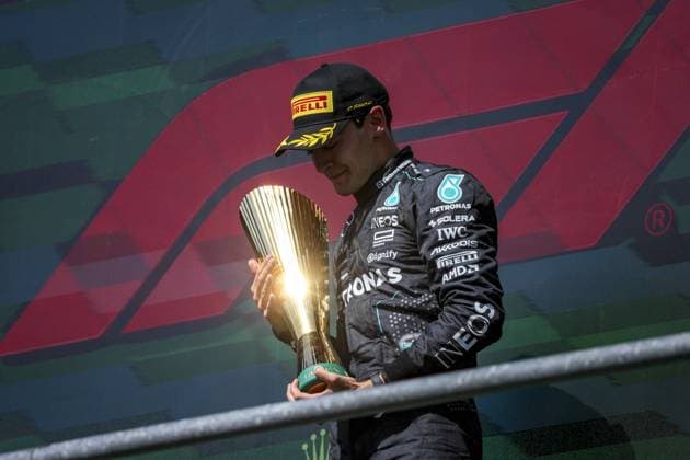 RUSSELL George (gbr), Mercedes AMG F1 Team W15, portrait, podium during the Formula 1 Rolex Belgian Grand Prix 2024, 14th round of the 2024 Formula One World Championship, WM, Weltmeisterschaft from July 26 to 28, 2024 on the Circuit de Spa-Francorchamps, in Stavelot, Belgium - F1 - BELGIAN GRAND PRIX 2024 DPPI Panoramic  240728_R14_BELGIO_DP_FG007001