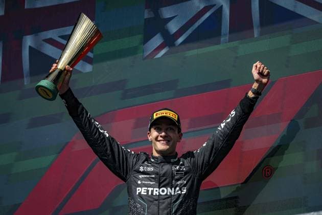 RUSSELL George (gbr), Mercedes AMG F1 Team W15, portrait, podium during the Formula 1 Rolex Belgian Grand Prix 2024, 14th round of the 2024 Formula One World Championship, WM, Weltmeisterschaft from July 26 to 28, 2024 on the Circuit de Spa-Francorchamps, in Stavelot, Belgium - F1 - BELGIAN GRAND PRIX 2024 DPPI Panoramic  240728_R14_BELGIO_DP_FG006961