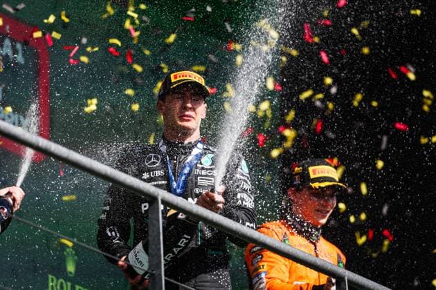 RUSSELL George (gbr), Mercedes AMG F1 Team W15, portrait podium during the Formula 1 Rolex Belgian Grand Prix 2024, 14th round of the 2024 Formula One World Championship, WM, Weltmeisterschaft from July 26 to 28, 2024 on the Circuit de Spa-Francorchamps, in Stavelot, Belgium - F1 - BELGIAN GRAND PRIX 2024 DPPI Panoramic  240728_R14_BELGIO_DP_AV3_5032