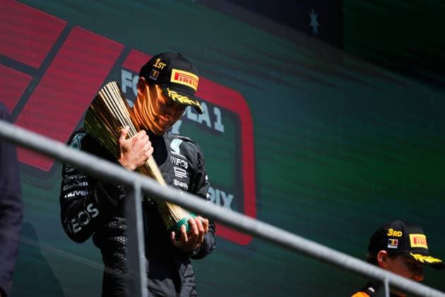 RUSSELL George (gbr), Mercedes AMG F1 Team W15, portrait podium during the Formula 1 Rolex Belgian Grand Prix 2024, 14th round of the 2024 Formula One World Championship, WM, Weltmeisterschaft from July 26 to 28, 2024 on the Circuit de Spa-Francorchamps, in Stavelot, Belgium - F1 - BELGIAN GRAND PRIX 2024 DPPI Panoramic  240728_R14_BELGIO_DP_AV3_4987