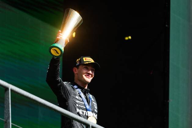 RUSSELL George (gbr), Mercedes AMG F1 Team W15, portrait podium during the Formula 1 Rolex Belgian Grand Prix 2024, 14th round of the 2024 Formula One World Championship, WM, Weltmeisterschaft from July 26 to 28, 2024 on the Circuit de Spa-Francorchamps, in Stavelot, Belgium - F1 - BELGIAN GRAND PRIX 2024 DPPI Panoramic  240728_R14_BELGIO_DP_AV3_5168