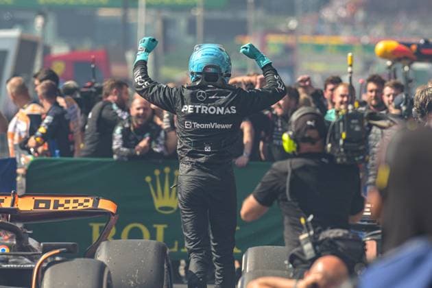 Mercedes-AMG Petronas UK rider George Russell celebrates after winning the Grand Prix F1 of Belgium race, in Spa-Francorchamps, Sunday 28 July 2024. The Spa-Francorchamps Formula One Grand Prix takes place this weekend, from July 25th to July 28th. JONASxROOSENS  x97243492x