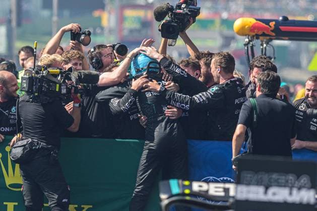 Mercedes-AMG Petronas UK rider George Russell celebrates after winning the Grand Prix F1 of Belgium race, in Spa-Francorchamps, Sunday 28 July 2024. The Spa-Francorchamps Formula One Grand Prix takes place this weekend, from July 25th to July 28th. JONASxROOSENS  x97243496x