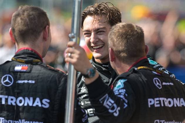 Mercedes-AMG Petronas UK rider George Russell celebrates after winning the Grand Prix F1 of Belgium race, in Spa-Francorchamps, Sunday 28 July 2024. The Spa-Francorchamps Formula One Grand Prix takes place this weekend, from July 25th to July 28th. JONASxROOSENS  x97243504x