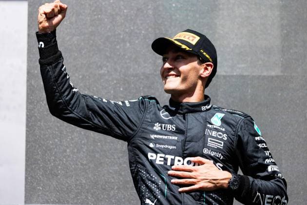 RUSSELL George (gbr), Mercedes AMG F1 Team W15, portrait podium during the Formula 1 Rolex Belgian Grand Prix 2024, 14th round of the 2024 Formula One World Championship, WM, Weltmeisterschaft from July 26 to 28, 2024 on the Circuit de Spa-Francorchamps, in Stavelot, Belgium - F1 - BELGIAN GRAND PRIX 2024 DPPI Panoramic  240728_R14_BELGIO_DP_JFR62876.CR3_