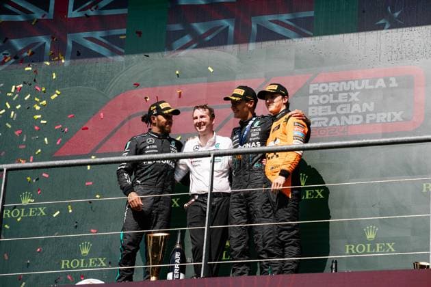 Podium RUSSELL George (gbr), Mercedes AMG F1 Team W15, portrait HAMILTON Lewis (gbr), Mercedes AMG F1 Team W15, portrait PIASTRI Oscar (aus), McLaren F1 Team MCL38, portrait during the Formula 1 Rolex Belgian Grand Prix 2024, 14th round of the 2024 Formula One World Championship, WM, Weltmeisterschaft from July 26 to 28, 2024 on the Circuit de Spa-Francorchamps, in Stavelot, Belgium - F1 - BELGIAN GRAND PRIX 2024 DPPI Panoramic 240728_R14_BELGIO_DP__F_13478.CR2_