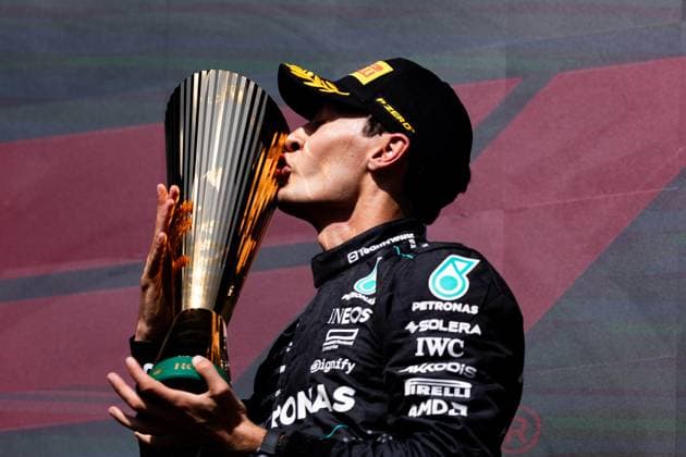 RUSSELL George (gbr), Mercedes AMG F1 Team W15, portrait podium during the Formula 1 Rolex Belgian Grand Prix 2024, 14th round of the 2024 Formula One World Championship, WM, Weltmeisterschaft from July 26 to 28, 2024 on the Circuit de Spa-Francorchamps, in Stavelot, Belgium - F1 - BELGIAN GRAND PRIX 2024 DPPI Panoramic  240728_R14_BELGIO_DP_JFR63008.CR3_