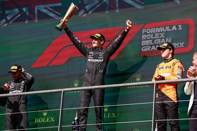 44 Lewis Hamilton GBR, Mercedes AMG Petronas F1 Team , 63 George Russell GBR, Mercedes AMG Petronas F1 Team , 81 Oscar Piastri AUS, McLaren Formula 1 Team , F1 Grand Prix of Belgium at Circuit de Spa Francorchamps on July 28, 2024 in Spa Francorchamps, Belgium Photo by HOCH ZWEI Spa Francorchamps Belgium