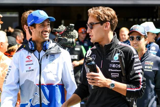 Formula 1 GP Spa Belgium Sunday, 28 07 2024 Daniel Ricciardo, 3, Visa Cash App RB Formula One Team and George Russell 63, Mercedes AMG Petronas F1 Team Formula 1 GP Spa Belgium Sunday, 28 07 2024 Copyright: xBEAUTIFULxSPORTS Erlhofx