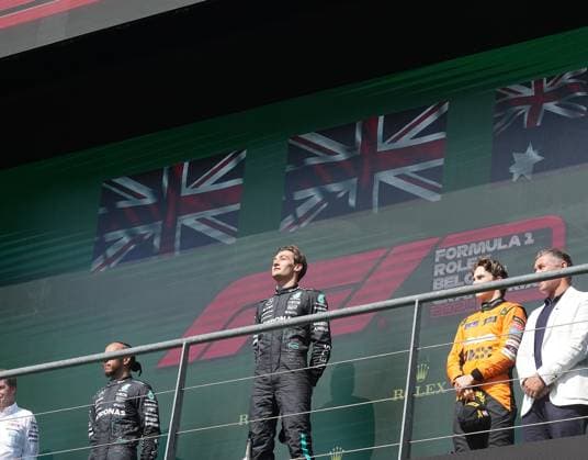 28 07 2024, Circuit de Spa Francorchamps, Spa Francorchhamps, Formula 1 Rolex Belgian Grand Prix 2024 , in the picture winner George Russell GBR , Mercedes AMG Petronas Formula One Team, 2nd place for Lewis Hamilton GBR , 3rd place for Oscar Piastri AUS , McLaren F1 Team Defodi 506 20240728 hbr 3604 Defodi-506