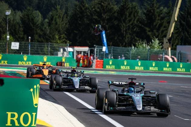 63 George Russell GBR, Mercedes AMG Petronas F1 Team , 44 Lewis Hamilton GBR, Mercedes AMG Petronas F1 Team , 81 Oscar Piastri AUS, McLaren Formula 1 Team , F1 Grand Prix of Belgium at Circuit de Spa Francorchamps on July 28, 2024 in Spa Francorchamps, Belgium Photo by HOCH ZWEI Spa Francorchamps Belgium