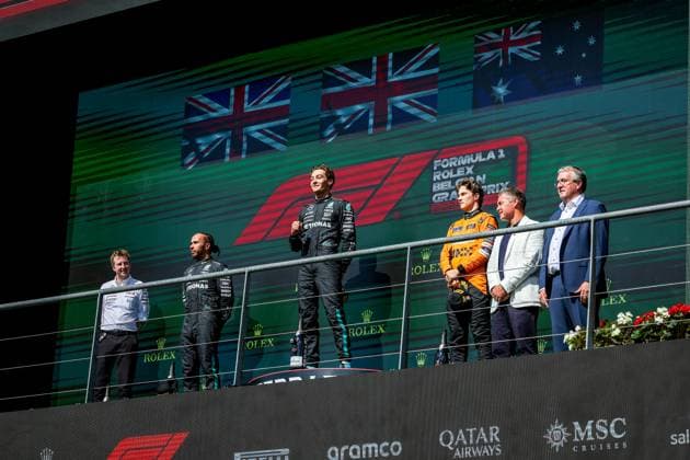 44 Lewis Hamilton GBR, Mercedes AMG Petronas F1 Team , 63 George Russell GBR, Mercedes AMG Petronas F1 Team , 81 Oscar Piastri AUS, McLaren Formula 1 Team , F1 Grand Prix of Belgium at Circuit de Spa Francorchamps on July 28, 2024 in Spa Francorchamps, Belgium Photo by HOCH ZWEI Spa Francorchamps Belgium