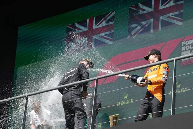 Formula 1 Rolex Belgian Grand Prix 2024 28 07 2024, Circuit de Spa Francorchamps, Spa Francorchhamps, Formula 1 Rolex Belgian Grand Prix 2024 , in the picture winner George Russell GBR , Mercedes AMG Petronas Formula One Team, 2nd place for Lewis Hamilton GBR , 3rd place for Oscar Piastri AUS , McLaren F1 Team nordphotoxGmbHx xBratic nph00250