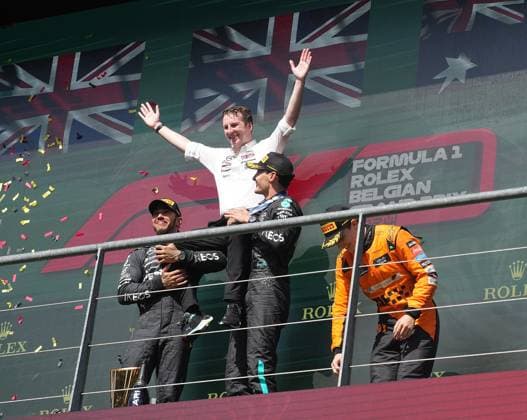 28 07 2024, Circuit de Spa Francorchamps, Spa Francorchhamps, Formula 1 Rolex Belgian Grand Prix 2024 , in the picture winner George Russell GBR , Mercedes AMG Petronas Formula One Team, 2nd place for Lewis Hamilton GBR , 3rd place for Oscar Piastri AUS , McLaren F1 Team, Joseph McMillan, Chief Race Strategist at Mercedes Defodi 506 20240728 hbr 4030 Defodi-506