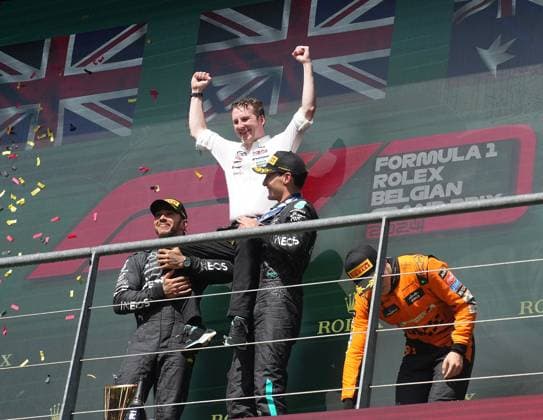 Formula 1 Rolex Belgian Grand Prix 2024 28 07 2024, Circuit de Spa Francorchamps, Spa Francorchhamps, Formula 1 Rolex Belgian Grand Prix 2024 , in the picture winner George Russell GBR , Mercedes AMG Petronas Formula One Team, 2nd place for Lewis Hamilton GBR , 3rd place for Oscar Piastri AUS , McLaren F1 Team, Joseph McMillan, Chief Race Strategist at Mercedes nordphotoxGmbHx xBratic nph00250