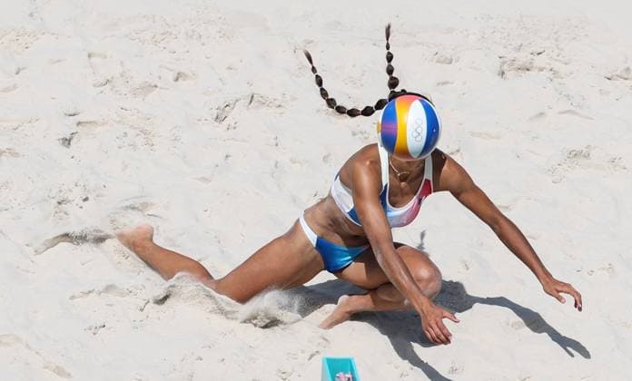 (240728) -- PARIS, July 28, 2024 -- Clemence Vieira of France saves the ball during the women s pool C Beach volleyball, Beachvolleyball match between Germany and France at the Paris 2024 Olympic Games, Olympische Spiele, Olympia, OS in Paris, France, on July 28, 2024. Yang Lei) (PARIS2024)FRANCE-PARIS-OLY-BEACH VOLLEYBALL yanglei 