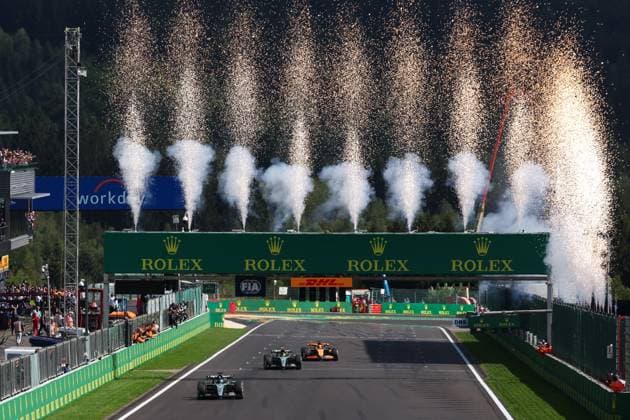 63 George Russell GBR, Mercedes AMG Petronas F1 Team , 44 Lewis Hamilton GBR, Mercedes AMG Petronas F1 Team , 81 Oscar Piastri AUS, McLaren Formula 1 Team , F1 Grand Prix of Belgium at Circuit de Spa Francorchamps on July 28, 2024 in Spa Francorchamps, Belgium Photo by HOCH ZWEI Spa Francorchamps Belgium