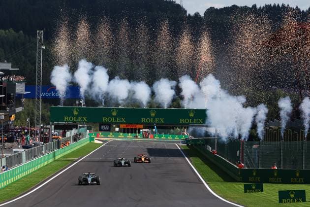 63 George Russell GBR, Mercedes AMG Petronas F1 Team , 44 Lewis Hamilton GBR, Mercedes AMG Petronas F1 Team , 81 Oscar Piastri AUS, McLaren Formula 1 Team , F1 Grand Prix of Belgium at Circuit de Spa Francorchamps on July 28, 2024 in Spa Francorchamps, Belgium Photo by HOCH ZWEI Spa Francorchamps Belgium