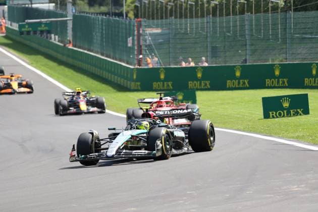 Stavelot, Belgium July 26 28, 2024 FIA Formula 1 World Championship Grand Prix Belgium Circuit de Spa Francorchamps 2024 Pictured Lewis Hamilton GBR takes the lead on lap three Circuit de Spa Francorchamps Copyright: xFotostandx xHorstxBernhardtx