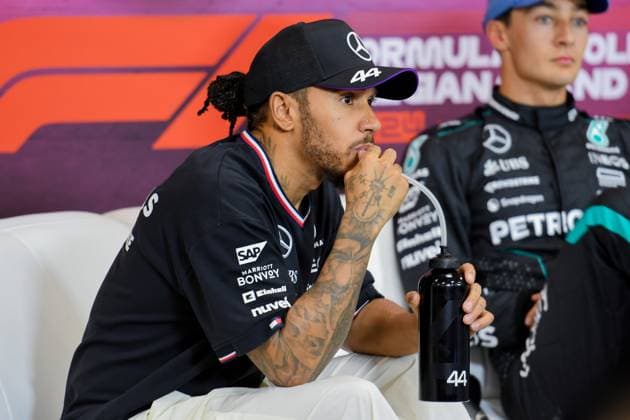 Formula 1 GP Spa Belgium Sunday, 28 07 2024 Lewis Hamilton 44, Mercedes AMG Petronas F1 Team and George Russell 63, Mercedes AMG Petronas F1 Team at the press conference Formula 1 GP Spa Belgium Sunday, 28 07 2024 Copyright: xBEAUTIFULxSPORTS Erlhofx