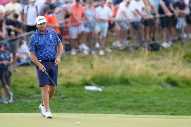 28th July 2024; JCB Golf &amp; Country Club, Rocester, Uttoxeter, England; LIV UK Golf League, Final Round; Graeme McDowell of the Smash GC lines up a putt on the 14th green  ActionPlus12673686 StevenxFlynn