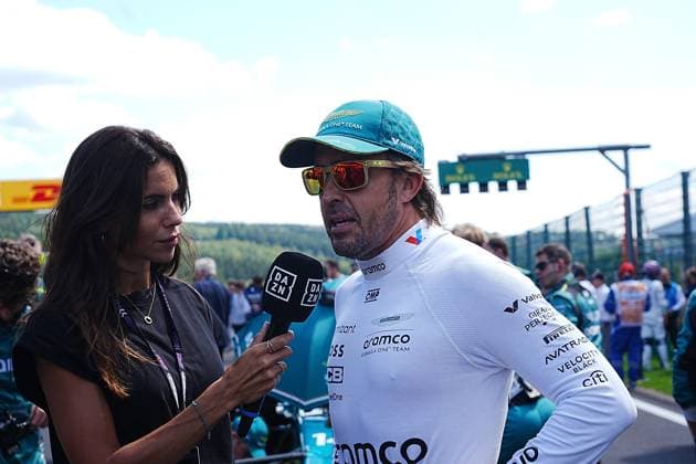 Formula 1 Rolex Belgian Grand Prix 2024 28 07 2024, Circuit de Spa Francorchamps, Spa Francorchhamps, Formula 1 Rolex Belgian Grand Prix 2024 , pictured Fernando Alonso ESP , Aston Martin Aramco Cognizant Formula One Team being interviewed by his girlfriend DAZN reporter Melissa Jimenez nordphotoxGmbHx xBratic nph00250