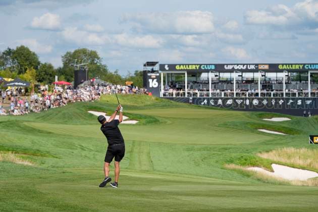28th July 2024; JCB Golf &amp; Country Club, Rocester, Uttoxeter, England; LIV UK Golf League, Final Round; Phil Mickelson of the Highflyers GC plays his second shot to the 16th green  ActionPlus12673676 StevenxFlynn