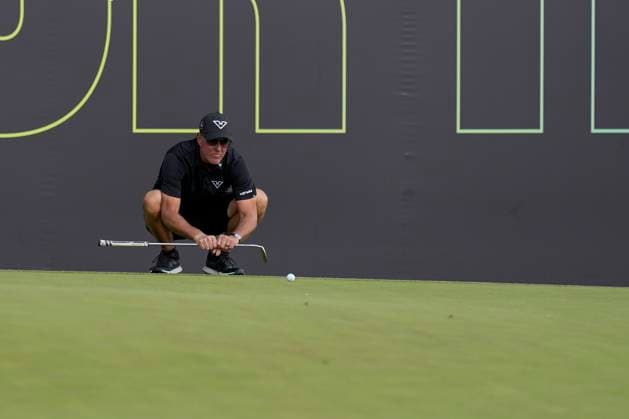 28th July 2024; JCB Golf &amp; Country Club, Rocester, Uttoxeter, England; LIV UK Golf League, Final Round; Phil Mickelson of the Highflyers GC lines up a putt on the 16th green  ActionPlus12673677 StevenxFlynn