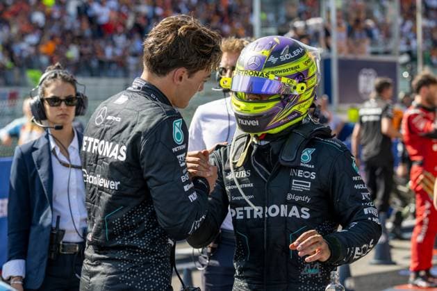 NÃ‚Â°44 Lewis Hamilton GBR Mercedes AMG PETRONAS Formula One Team e Russell during Formula 1 Rolex Belgian Grand Prix 2024 - Race, Formula 1 Championship in Belgium, Belgium, July 28 2024  Copyright: xOttoxMoretti IPAxSportx xipa-agex xx IPA_48343466 IPA_Agency_IPA48343466