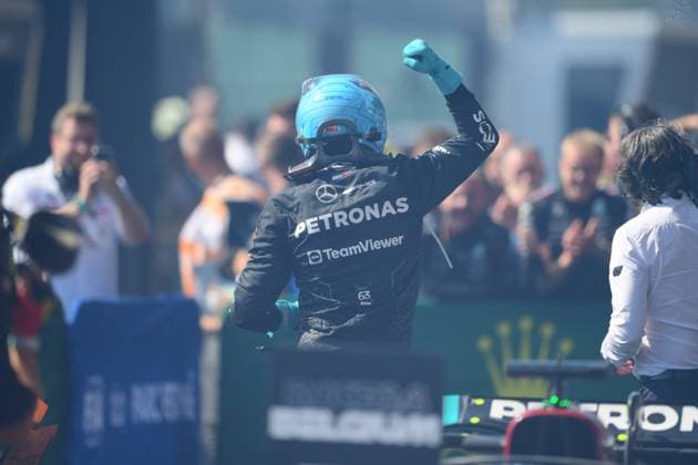 F1 Grand Prix of Belgium George Russell of Mercedes-AMG Petronas is celebrating his victory during the race of the Belgian GP, the 14th race of the Formula 1 World Championship, WM, Weltmeisterschaft in Spa-Francorchamps Circuit, Stavelot, Vellonia, Belgium, on July 28, 2024. Stavelot Belgium  Copyright: xAndreaxDiodatox originalFilename:diodato-notitle240728_nprxB.jpg