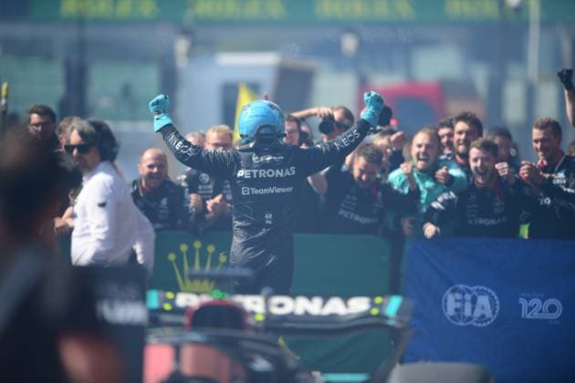 F1 Grand Prix of Belgium George Russell of Mercedes-AMG Petronas is celebrating his victory during the race of the Belgian GP, the 14th race of the Formula 1 World Championship, WM, Weltmeisterschaft in Spa-Francorchamps Circuit, Stavelot, Vellonia, Belgium, on July 28, 2024. Stavelot Belgium  Copyright: xAndreaxDiodatox originalFilename:diodato-notitle240728_npXc1.jpg