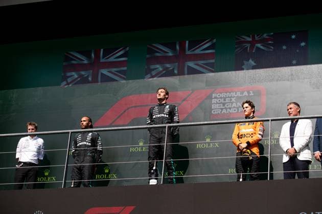 44 Lewis Hamilton GBR, Mercedes AMG Petronas F1 Team , 63 George Russell GBR, Mercedes AMG Petronas F1 Team , 81 Oscar Piastri AUS, McLaren Formula 1 Team , F1 Grand Prix of Belgium at Circuit de Spa Francorchamps on July 28, 2024 in Spa Francorchamps, Belgium Photo by HOCH ZWEI Spa Francorchamps Belgium
