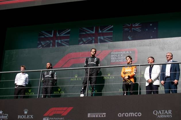 44 Lewis Hamilton GBR, Mercedes AMG Petronas F1 Team , 63 George Russell GBR, Mercedes AMG Petronas F1 Team , 81 Oscar Piastri AUS, McLaren Formula 1 Team , F1 Grand Prix of Belgium at Circuit de Spa Francorchamps on July 28, 2024 in Spa Francorchamps, Belgium Photo by HOCH ZWEI Spa Francorchamps Belgium