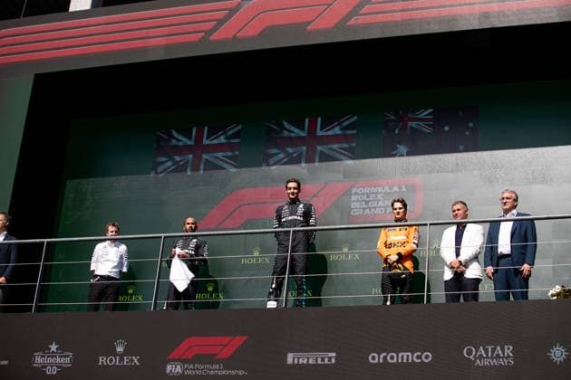 44 Lewis Hamilton GBR, Mercedes AMG Petronas F1 Team , 63 George Russell GBR, Mercedes AMG Petronas F1 Team , 81 Oscar Piastri AUS, McLaren Formula 1 Team , F1 Grand Prix of Belgium at Circuit de Spa Francorchamps on July 28, 2024 in Spa Francorchamps, Belgium Photo by HOCH ZWEI Spa Francorchamps Belgium