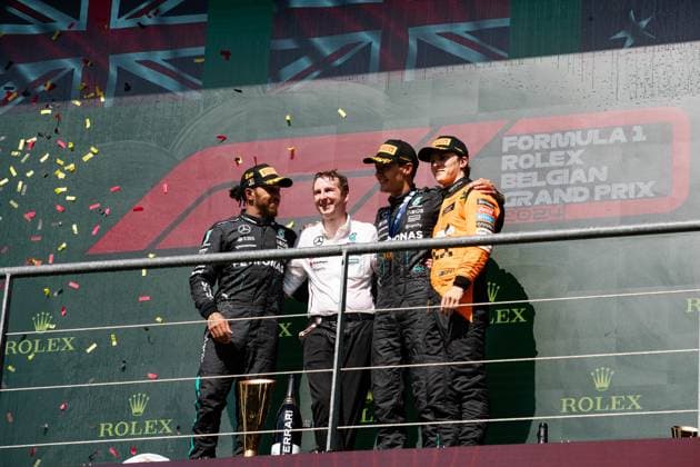 44 Lewis Hamilton GBR, Mercedes AMG Petronas F1 Team , 63 George Russell GBR, Mercedes AMG Petronas F1 Team , 81 Oscar Piastri AUS, McLaren Formula 1 Team , F1 Grand Prix of Belgium at Circuit de Spa Francorchamps on July 28, 2024 in Spa Francorchamps, Belgium Photo by HOCH ZWEI Spa Francorchamps Belgium