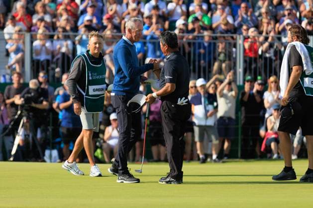 28th July 2024; Carnoustie Golf Links, Carnoustie, Angus, Scotland, Senior Open Championship, Round 4; K J Choi shakes hands with Richard Green (-8) after holing the winning putt for -10 at the Championship Links, Carnoustie during the final round of The Senior Open presented by Rolex  ActionPlus12673720 DavidxYoung