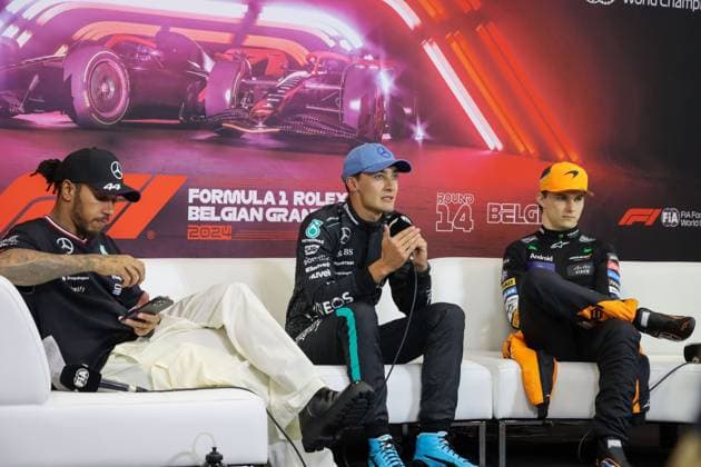 July 28, 2024, Spa, Monte Carlo, Belgium: GEORGE RUSSELL disqualified from the 2024 Belgian Grand Prix after winning the race ahead of teammate LEWIS HAMILTON, and Mclaren s OSCAR PIASTRI. Top three in the post race press conference, PK, Pressekonferenz before the news. Spa Belgium - ZUMAk187 20240728_zsp_k187_016 Copyright: xAlexisxKahnx