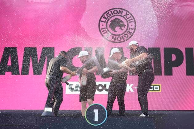 28th July 2024; JCB Golf &amp; Country Club, Rocester, Uttoxeter, England; LIV UK Golf League, Final Round; Jon Rahm, Tyrrell, Caleb Surratt and Kieran Vincent of the Legion XIII GC spray champagne over each other after their victory  ActionPlus12673748 StevenxFlynn