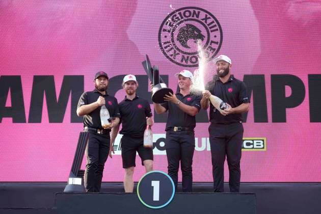 28th July 2024; JCB Golf &amp; Country Club, Rocester, Uttoxeter, England; LIV UK Golf League, Final Round; Jon Rahm, Tyrrell, Caleb Surratt and Kieran Vincent of the Legion XIII GC lift the LIV Golf Team trophy after victory  ActionPlus12673747 StevenxFlynn
