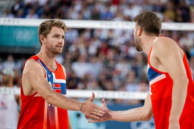 240728 Anders Mol and Christian Sorum of Norway in men s preliminary round beach volleyball match between Norway and Chile during day 2 of the Paris 2024 Olympic Games on July 28, 2024 in Paris Photo Jon Olav Nesvold BILDBYRAN COP 217 VG0635 bbeng olympic games olympics os ol olympiska spelen olympiske leker paris 2024 paris os paris ol beachvolleyboll beach volleyball sandvolleyball  Copyright: JONxOLAVxNESVOLD BB240728JE137