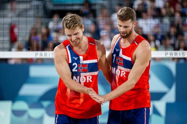 240728 Anders Mol and Christian Sorum of Norway in men s preliminary round beach volleyball match between Norway and Chile during day 2 of the Paris 2024 Olympic Games on July 28, 2024 in Paris Photo Jon Olav Nesvold BILDBYRAN COP 217 VG0635 bbeng olympic games olympics os ol olympiska spelen olympiske leker paris 2024 paris os paris ol beachvolleyboll beach volleyball sandvolleyball  Copyright: JONxOLAVxNESVOLD BB240728JE147