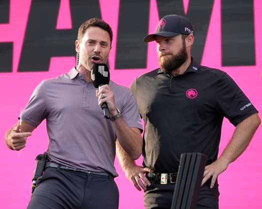 28th July 2024; JCB Golf &amp; Country Club, Rocester, Uttoxeter, England; LIV UK Golf League, Final Round; Jason Zone Fisher of LIV Golf interviews Tyrrell Hatton of the Legion XIII GC after the event  ActionPlus12673813 StevenxFlynn