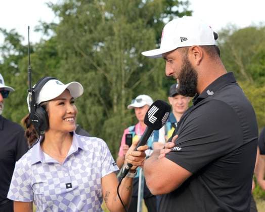 28th July 2024; JCB Golf &amp; Country Club, Rocester, Uttoxeter, England; LIV UK Golf League, Final Round; Su-Ann Heng of LIV Golf interviews Jon Rahm of the Legion XIII GC after his victory  ActionPlus12673818 StevenxFlynn